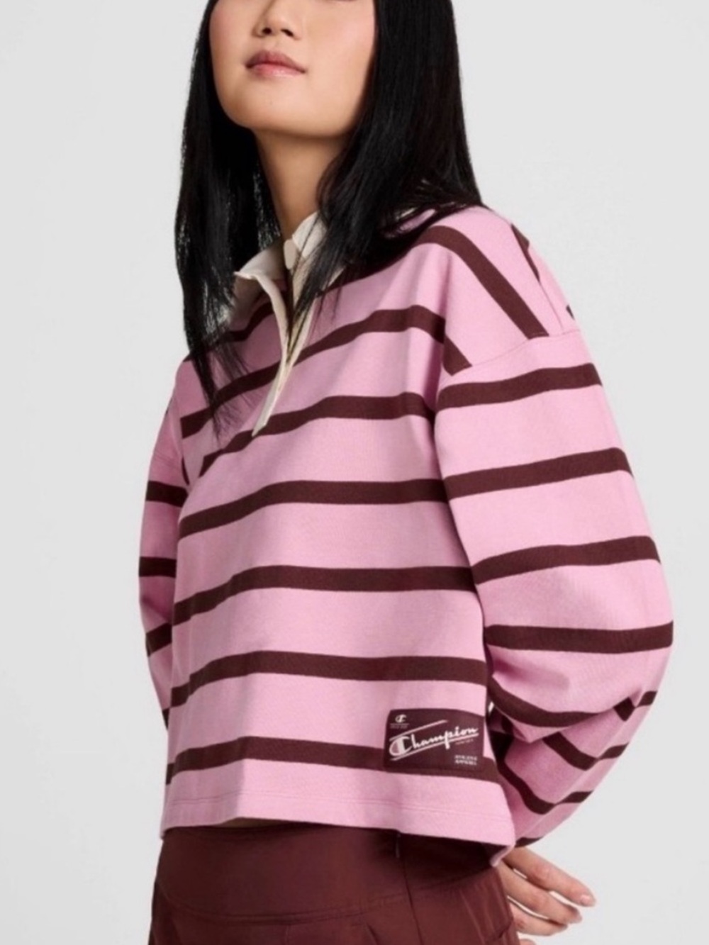 Champion Pink Burgundy Striped Cropped Rugby Shirt Pullover Preppy M - Picture 2 of 13